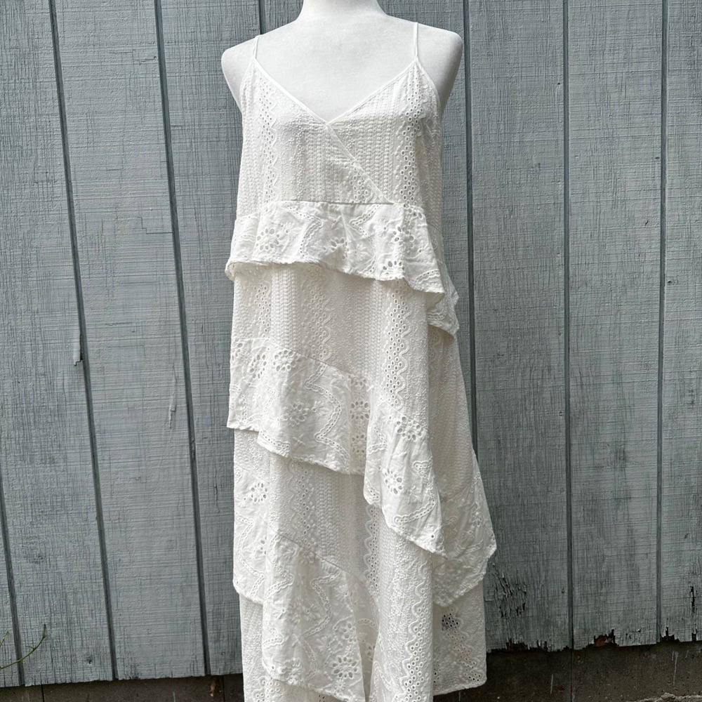 POL Eyelet Ruffle Tiered Maxi Dress White‎ Sleeveless Summer Beach Cotton Size L